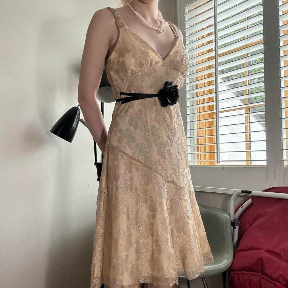 Vintage Ruby Rox Gold Floral Lace Slip Dress (S-M) - Picture 4 of 6
